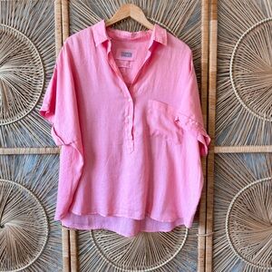 Grayson Frank & Eileen Pink The Artist Short Sleeve Button-Up Linen Top SZ XL-2X